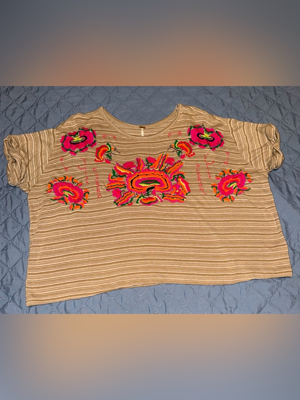 Free People Beige Striped Crop Top with Neon Floral Embroidery-mushroom combo